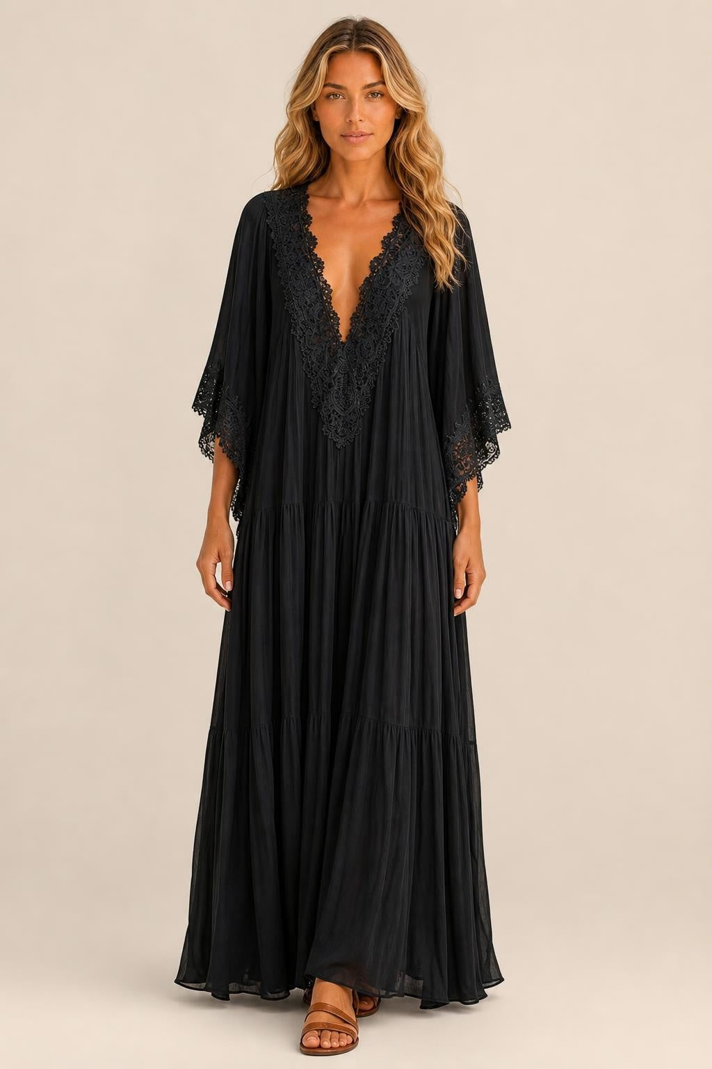 Helena | Lace-Trim Chiffon Boho Maxi Dress