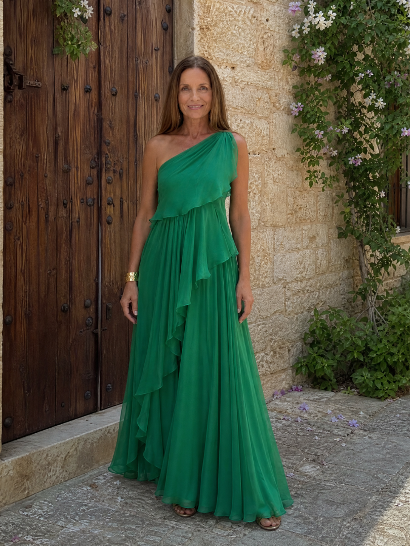 Talia | One-Shoulder Chiffon Maxi Dress with Cascade Ruffle