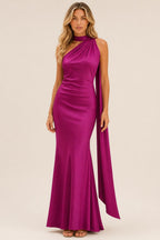Isabel | One-Shoulder Satin Maxi Dress with Cape Detail