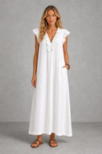 Josette | Ruffle V-Neck Linen Maxi Dress — studio_front — Sofia [3b8426bb-e0d7-4c76-be54-438892b44477]