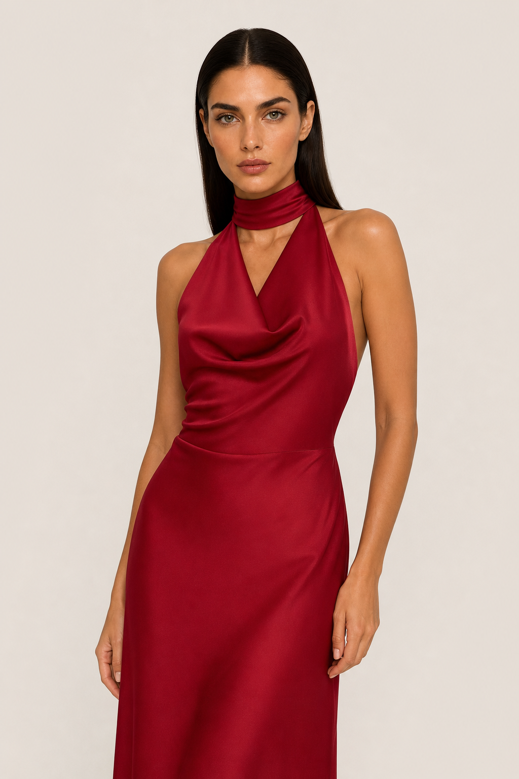 Otávia | Draped-Neck Satin Midi Dress