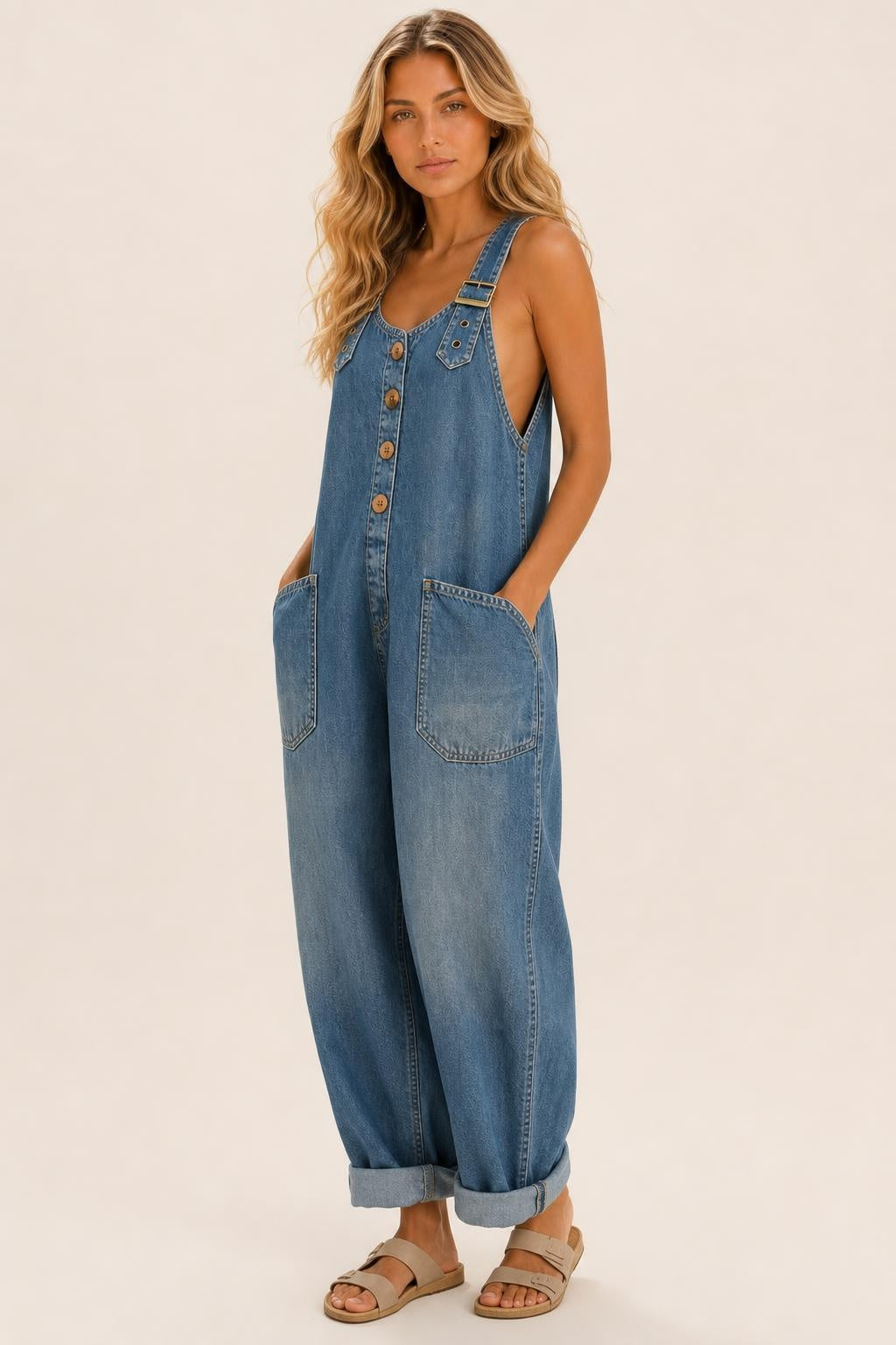 Harlow Relaxed Wide-Strap Overalls — studio_three_quarter — Sofia [c77e6d33-677a-4414-b4a2-4b00146069be]
