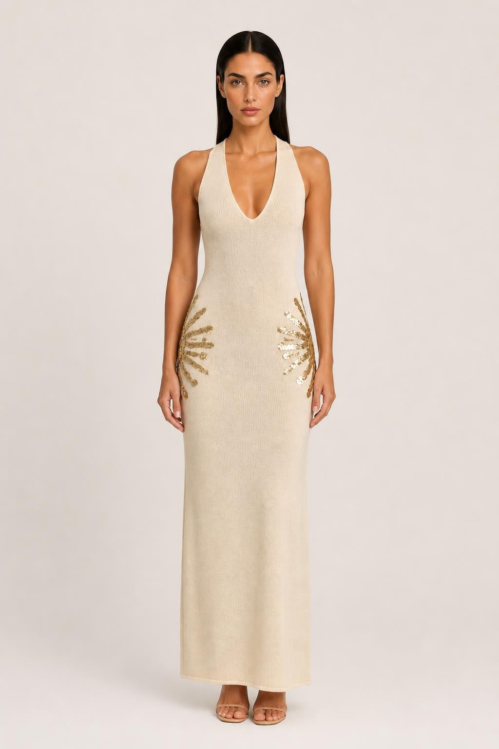 Adélia | Embellished V-Neck Knit Maxi Dress