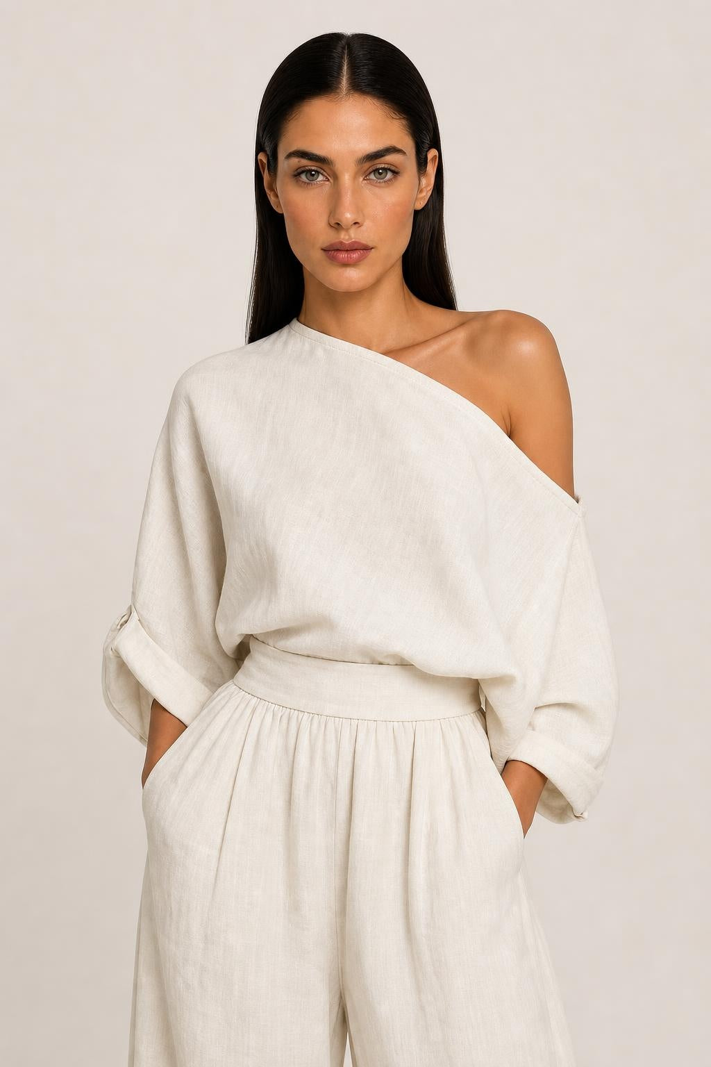 Women's Off-white Linen Off-shoulder Loose Casual Top And Tapered Pants Set MDA2770K8T — studio_closeup — Helena [8c5ff348-9e0e-4a5c-9756-8e75d7dfa430]