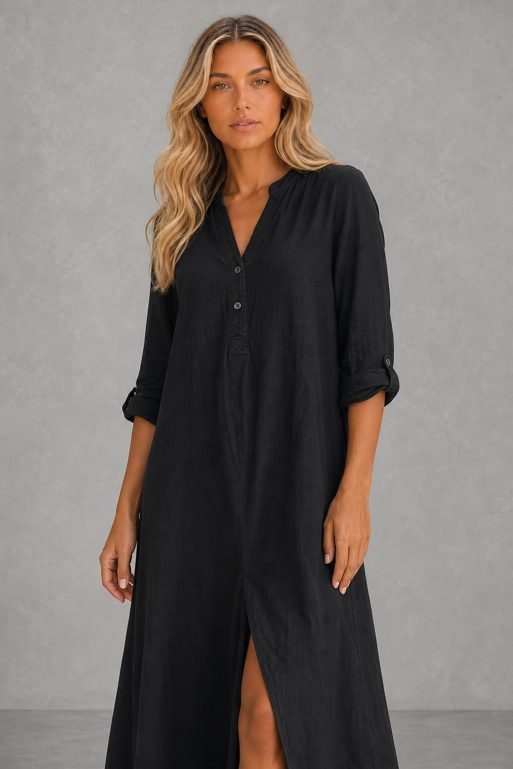Black Button-Front Bohemian Shirt Maxi Dress — studio_closeup — Sofia [feae0691-c1dc-4d69-ba23-b78110a16fb1]