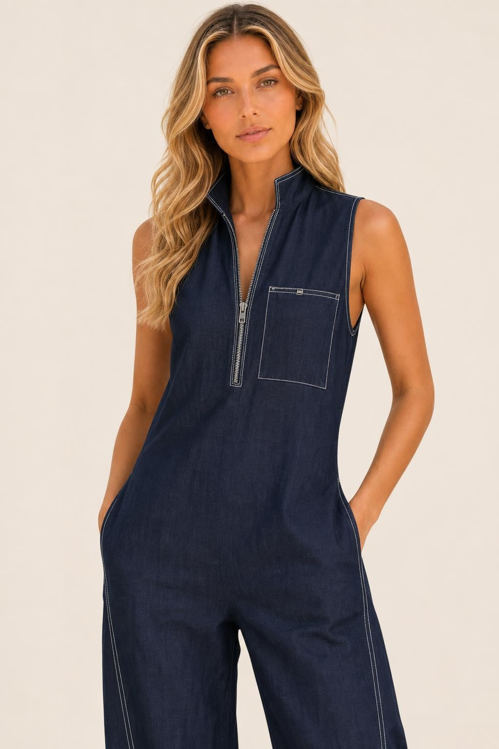 Adriana | Sleeveless Denim Zip Jumpsuit