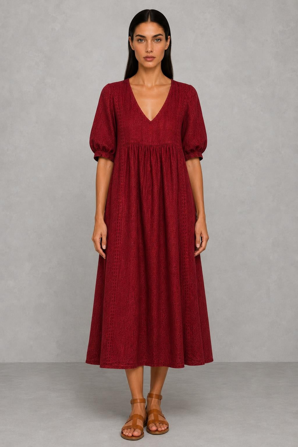 ELENA | V-Neck Midi Dress — studio_front — Helena [bfc30339-e484-4ecb-bbbc-d5bdd5609e8b]