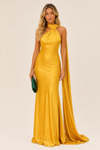 Isabel | One-Shoulder Satin Maxi Dress with Cape Detail