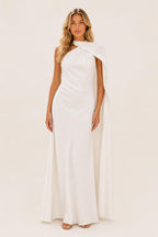 Isabel | One-Shoulder Satin Maxi Dress with Cape Detail