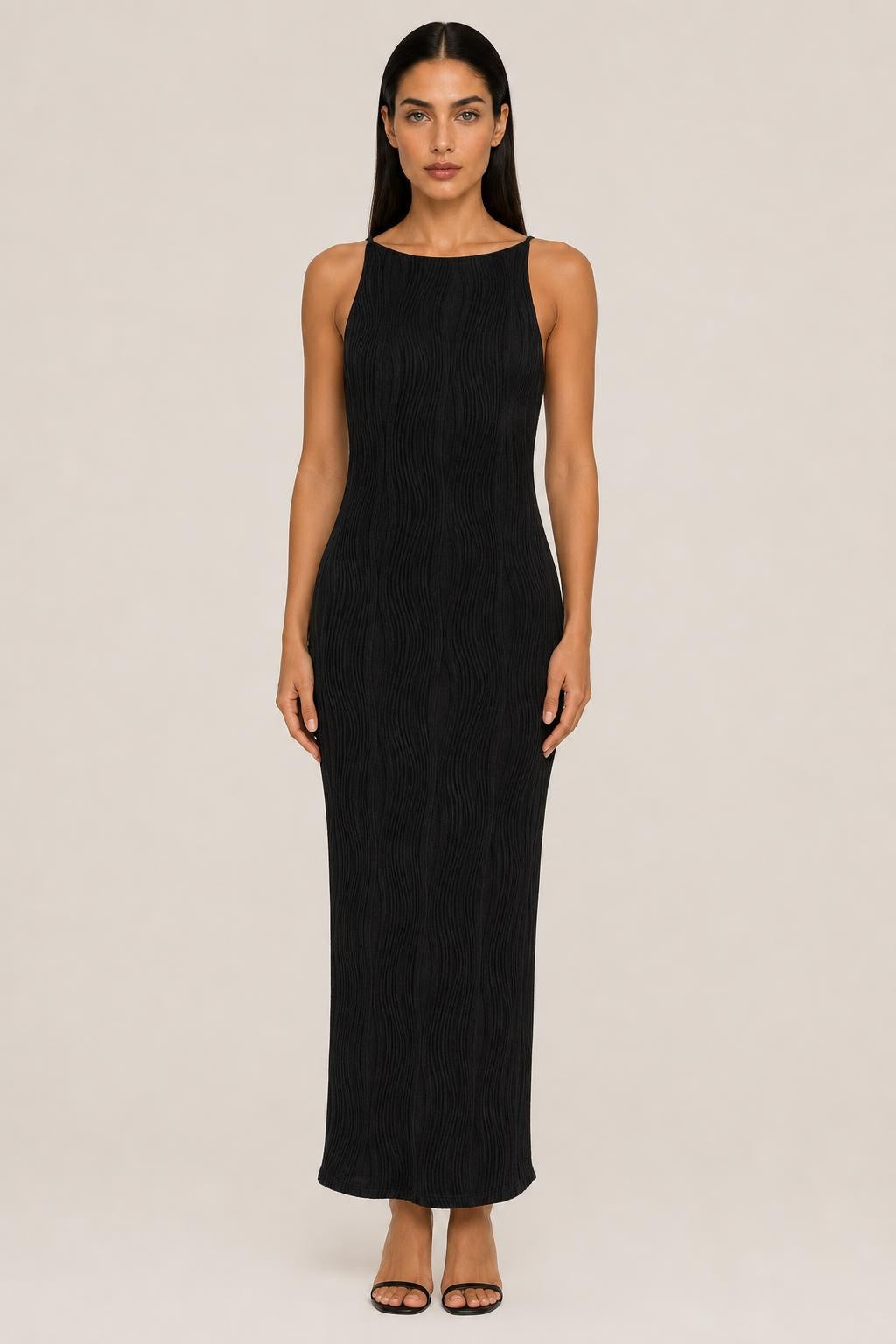Adriana | Sleeveless Textured High-Neck Midi Dress