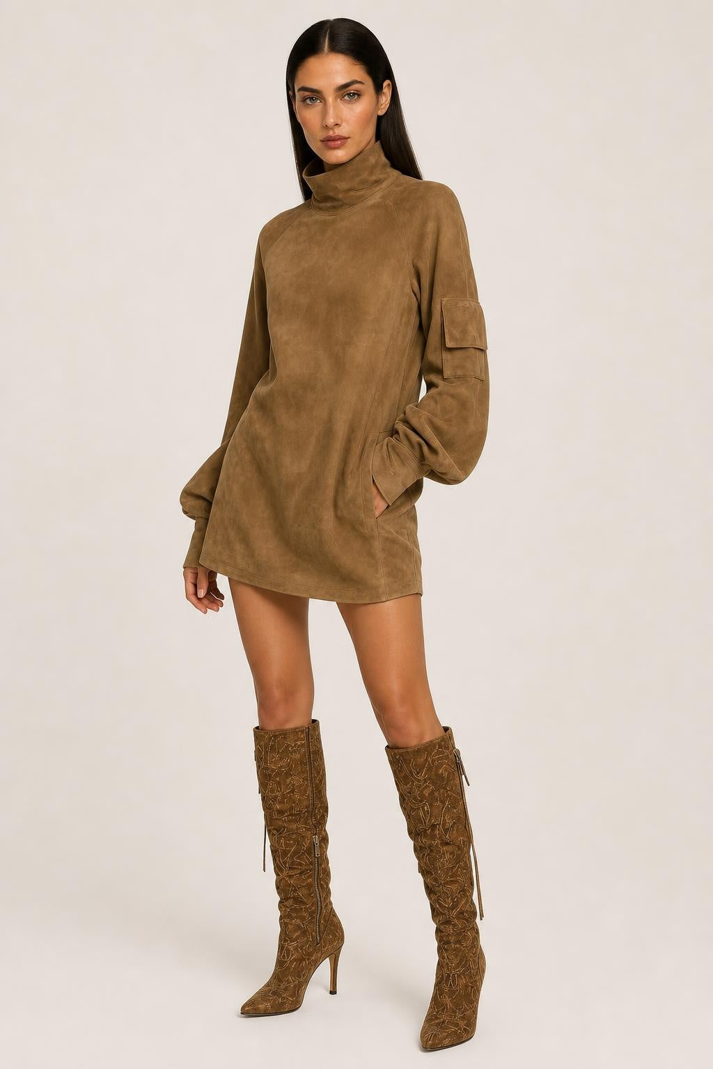 Aria Faux-Suede Turtleneck Mini Dress — studio_three_quarter — Helena [3680b7a4-2c0a-49db-b273-3a009418aa4b]