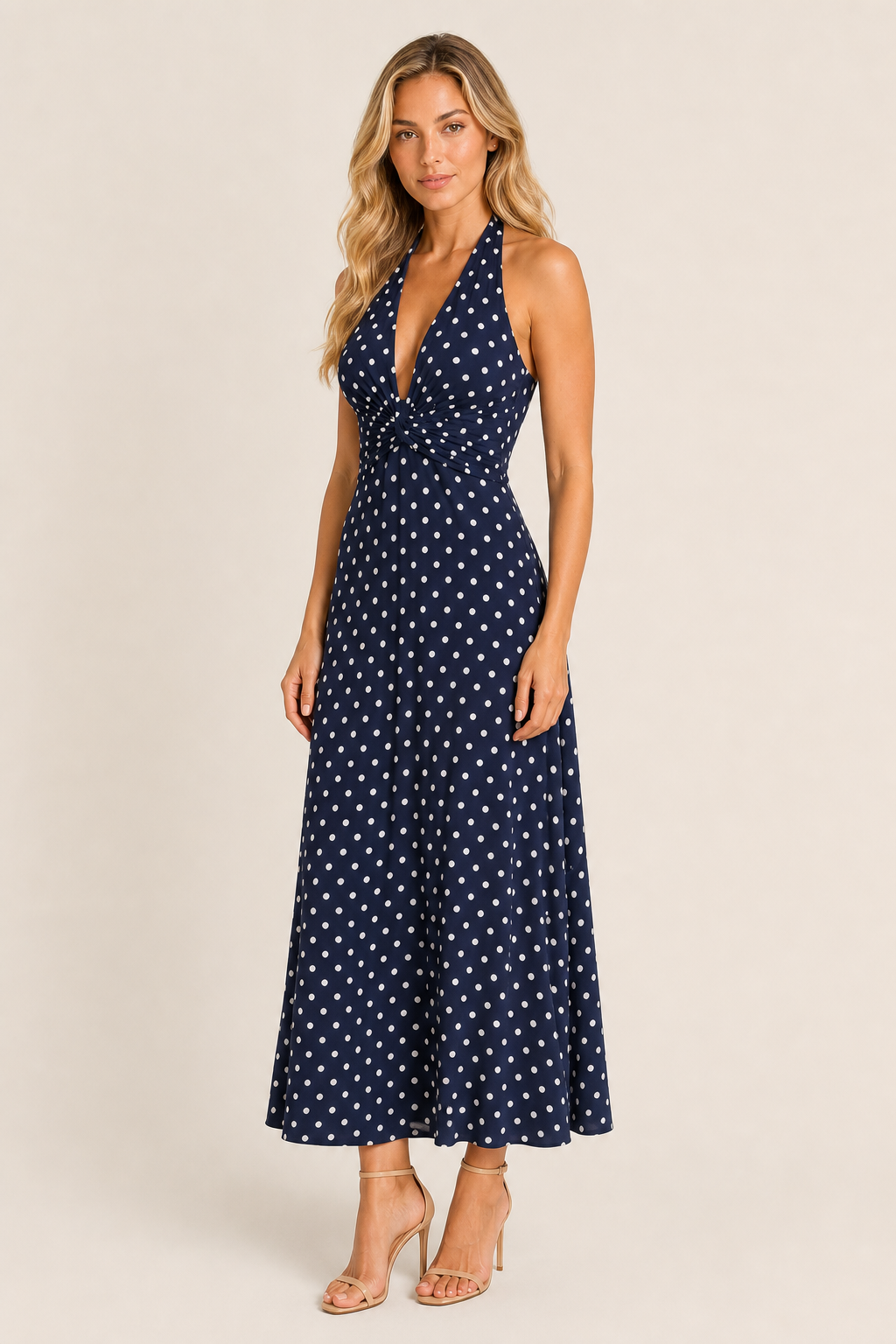 Patrícia | Polka-Dot Halter Maxi Dress with Twist Front