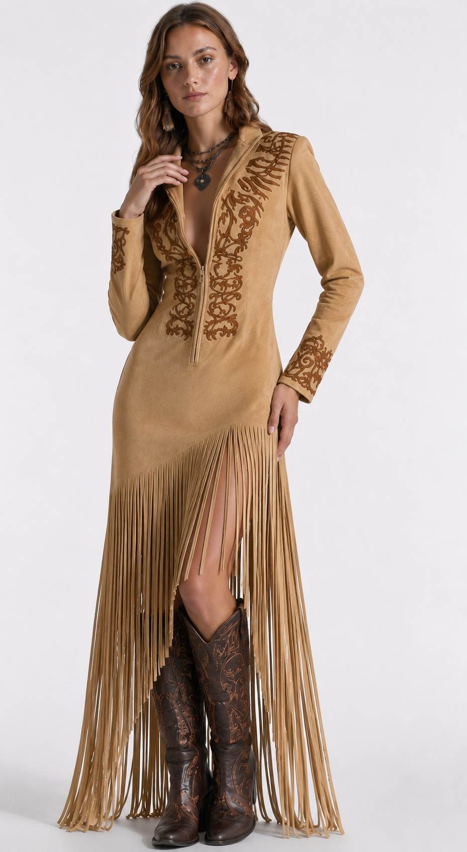 Vestido Longo Country Feminino com Franjas, Bordado Western e Manga Longa – Maison Sauvage