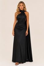 Isabel | One-Shoulder Satin Maxi Dress with Cape Detail