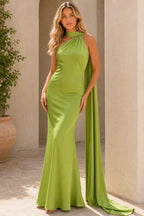 Isabel | One-Shoulder Satin Maxi Dress with Cape Detail