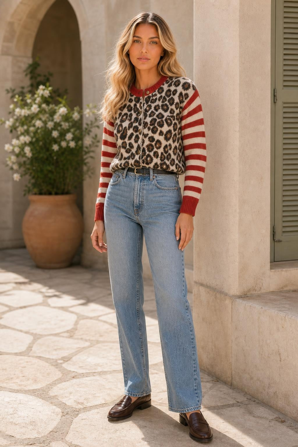Chloe Leopard Striped Top — lifestyle — Sofia [71e54ca9-2d57-4c72-a04f-7d6ad150b18f]