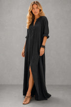 Black Button-Front Bohemian Shirt Maxi Dress — studio_three_quarter — Sofia [663d5faa-ca53-47c0-99e6-e8ca847740d5]