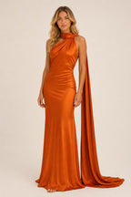 Isabel | One-Shoulder Satin Maxi Dress with Cape Detail