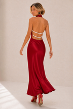 Octavia | Draped-Neck Satin Midi Dress