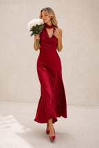 Octavia | Draped-Neck Satin Midi Dress