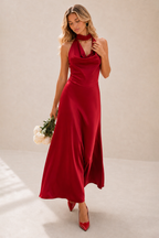 Octavia | Draped-Neck Satin Midi Dress