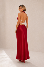 Octavia | Draped-Neck Satin Midi Dress