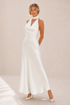 Octavia | Draped-Neck Satin Midi Dress