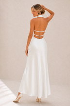 Octavia | Draped-Neck Satin Midi Dress