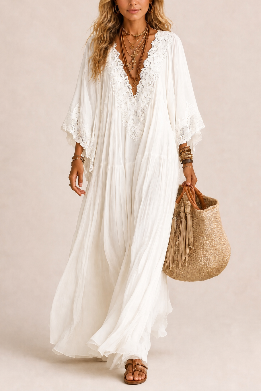 Helena | Lace-Trim Chiffon Boho Maxi Dress