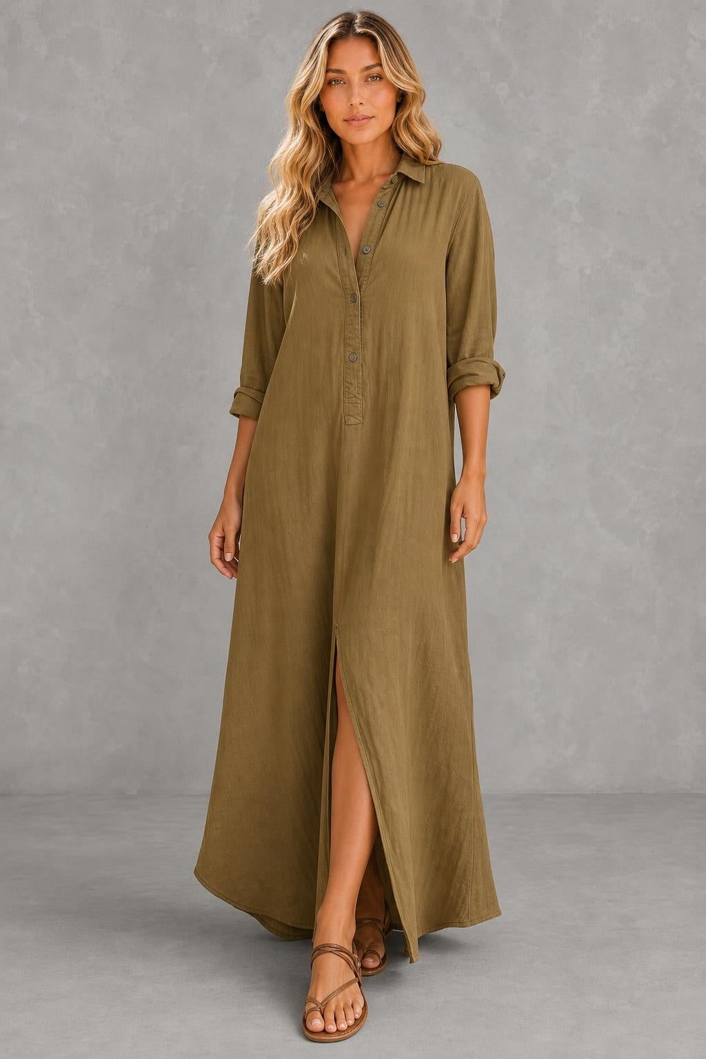 Black Button-Front Bohemian Shirt Maxi Dress — studio_front — Sofia [32bbd2a9-bf64-4b70-a7f8-b21d2736f764]